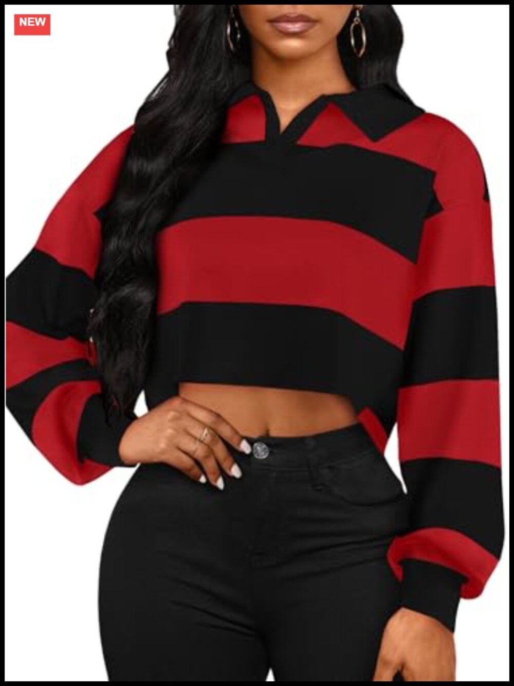 Striped Cropped Sweatshirt Polo Collar Long Sleeve Pullover